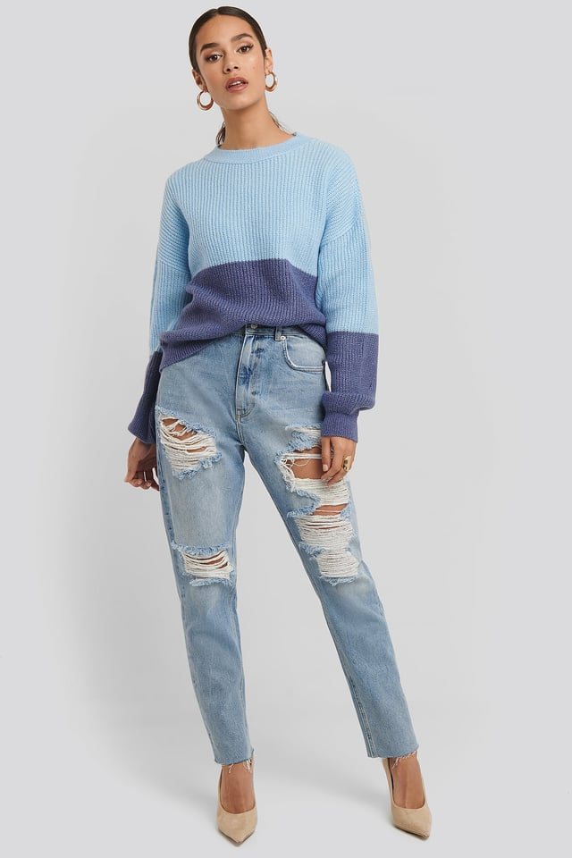 High Waist Ripped Mom Jeans Light Blue Wash