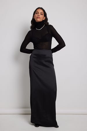 Black High Waist Satin Maxi Skirt
