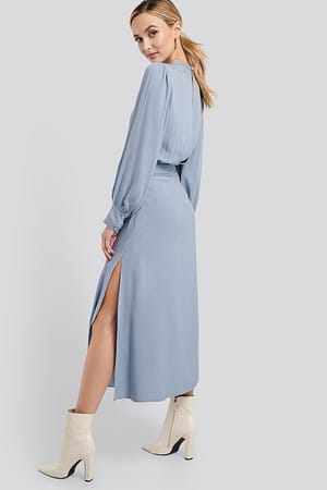 Blue High Waist Side Split Midi Skirt