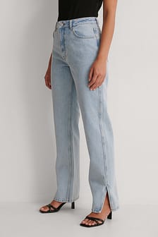 High Waist Straight Side Slit Jeans Blue | NA-KD