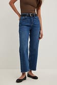 Mid Blue Straight High Waist Cropped Jeans