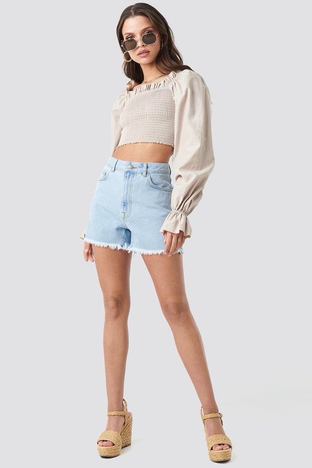 High Waist Raw Hem Denim Shorts Light Blue