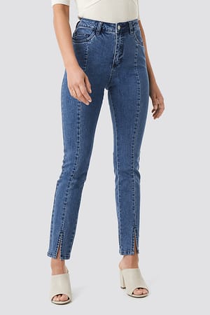 Highwaist Skinny Front Slit Jeans Blue | NA-KD