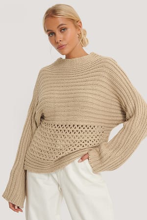 Beige Hole Detail Knitted Sweater