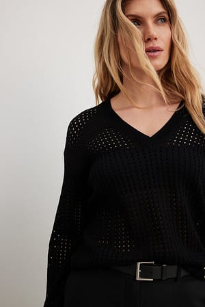 Black Dzianinowy sweter z głębokim dekoltem w serek