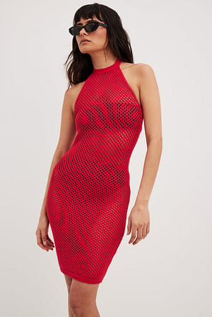Red Hole Knitted Halterneck Mini Dress