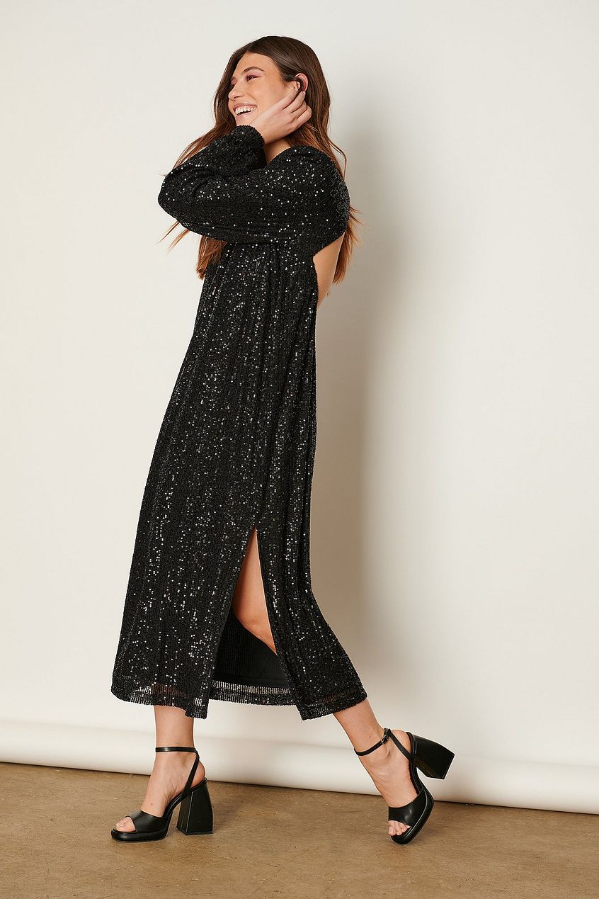 na-kd.com | Open Back Sequin Midi Dress Curated Styles, Black