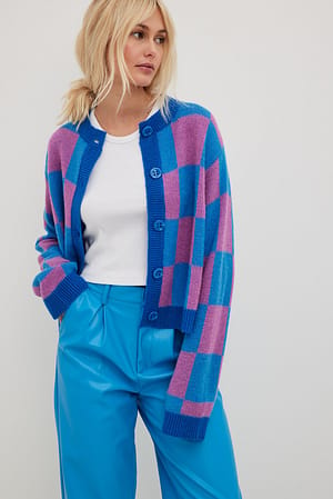 Pink/Blue Jaquard Knitted Checked Cardigan