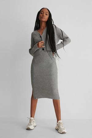 Gray Knit Set Cardigan Skirt