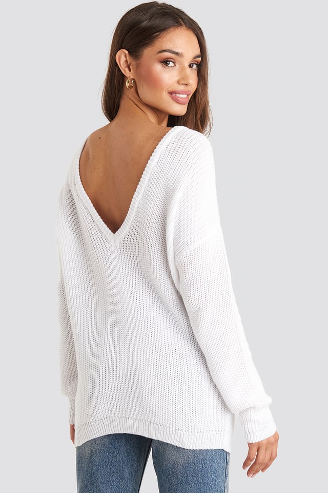 Knitted Deep V-neck Sweater White