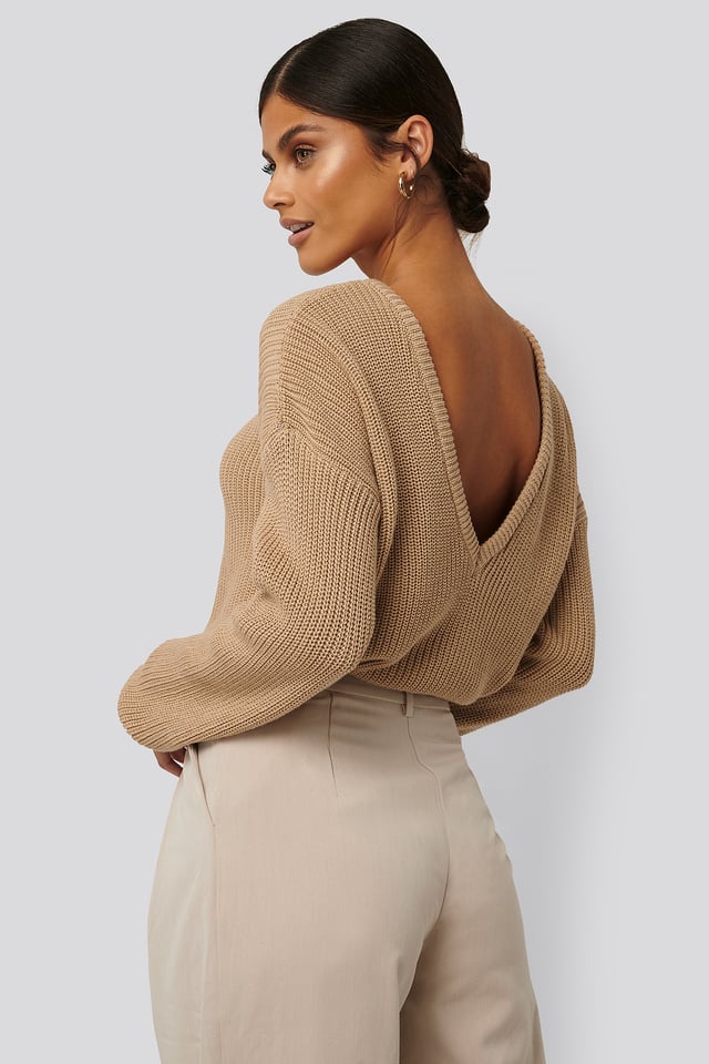 Knitted Deep V-neck Sweater Beige