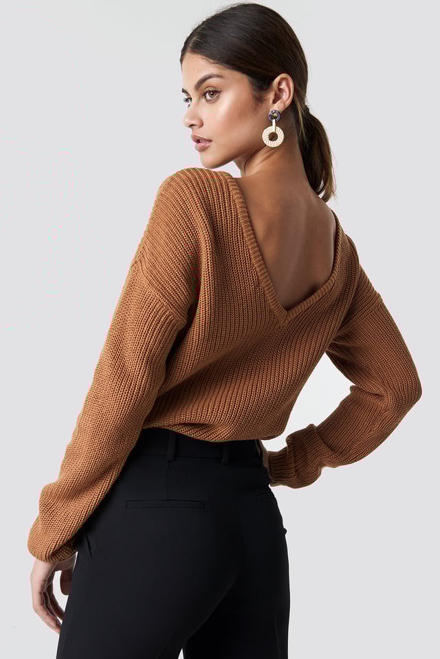 Knitted Deep V-neck Sweater Tan