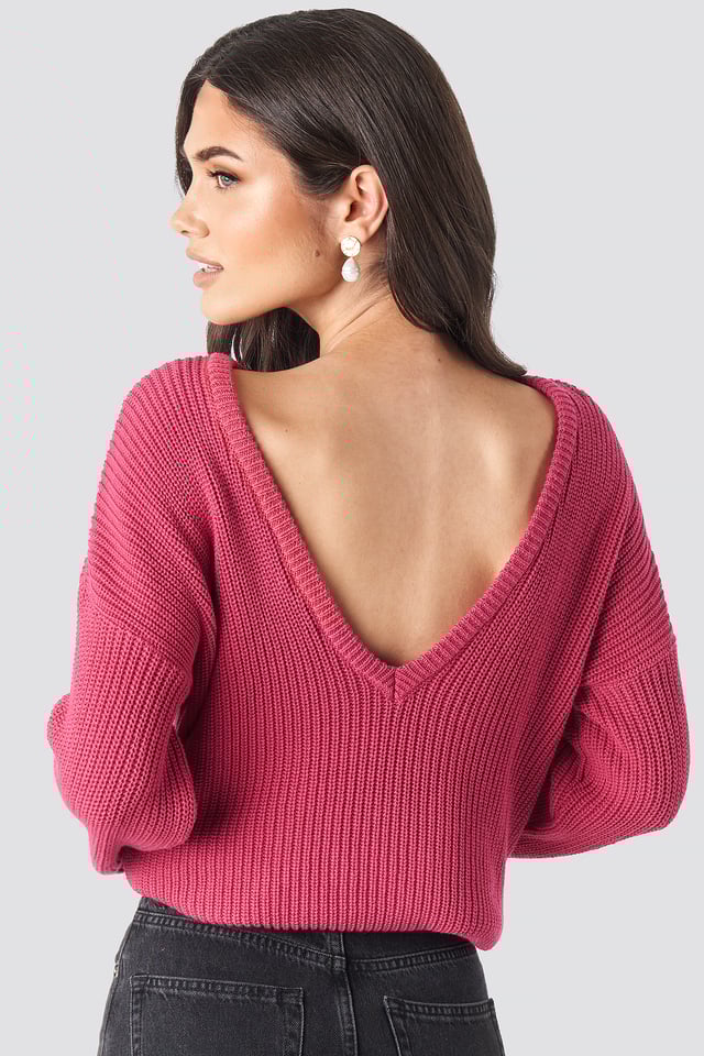 Knitted Deep V-neck Sweater Fuchsia