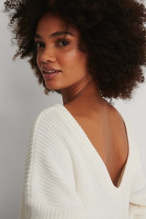 White Knitted Deep V-neck Sweater