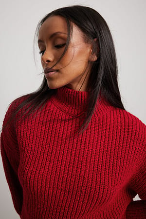 Red Knitted Folded Sleeve Round Neck Sweater