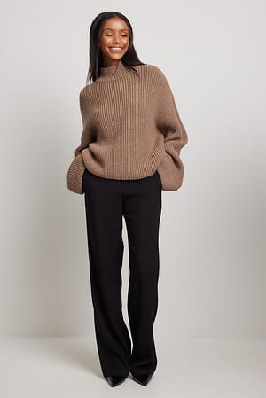 Taupe Knitted Folded Sleeve Round Neck Sweater