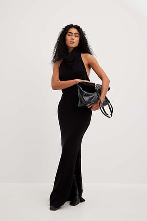 Black Gebreide maxi-jurk met halternek