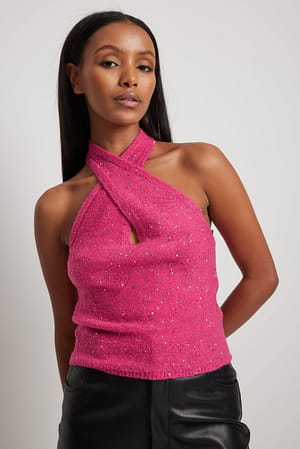 Pink Knitted Halterneck Sequin Top