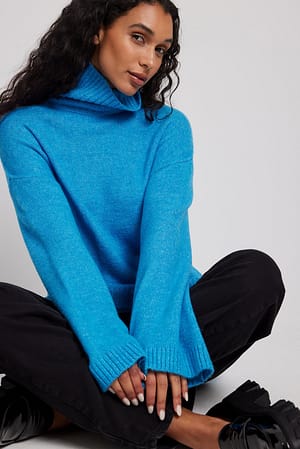 Blue Knitted High Neck Sweater
