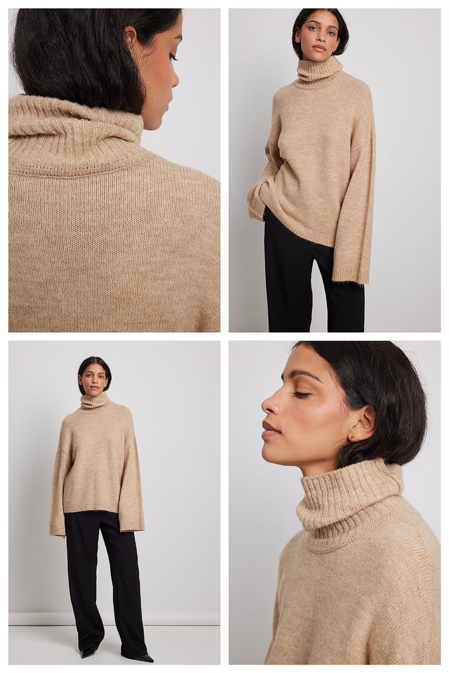 Beige Knitted High Neck Sweater