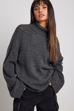 Dark Grey Melange Strikket sweater med høj hals
