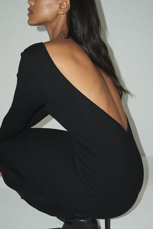 Black Knitted Open Back Midi Dress
