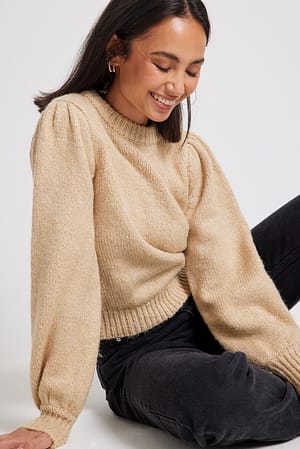 Beige Melange Strikket sweater med pufskulder