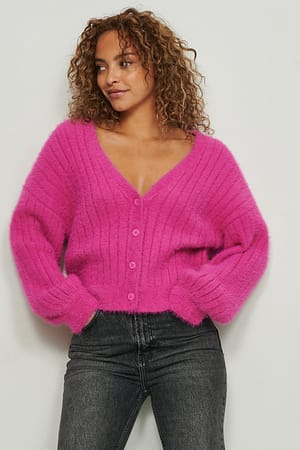 Pink Knitted Ribbed Fuzzy Cardigan