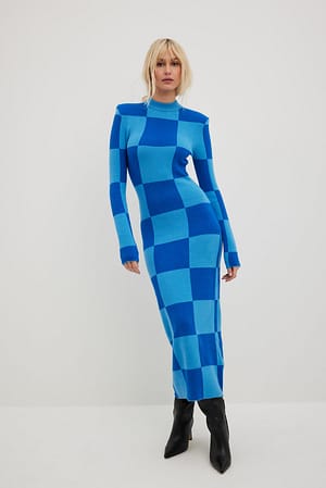 Blue Knitted Shoulderpads Dress