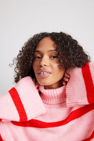 Pink/Red Knitted Striped High Neck
