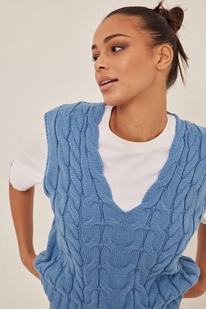 Blue Knitted V-neck Cable Vest