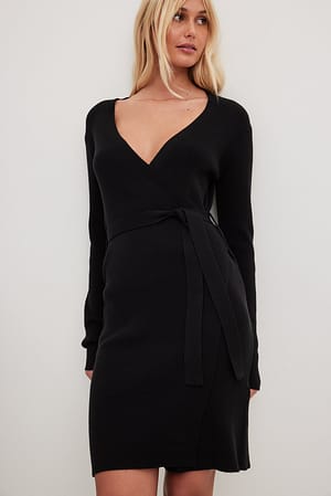 Black Knitted Wrap Midi Dress