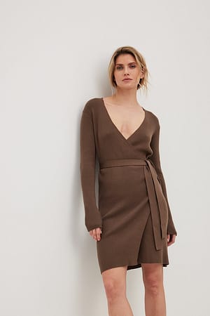 Brown Knitted Wrap Midi Dress