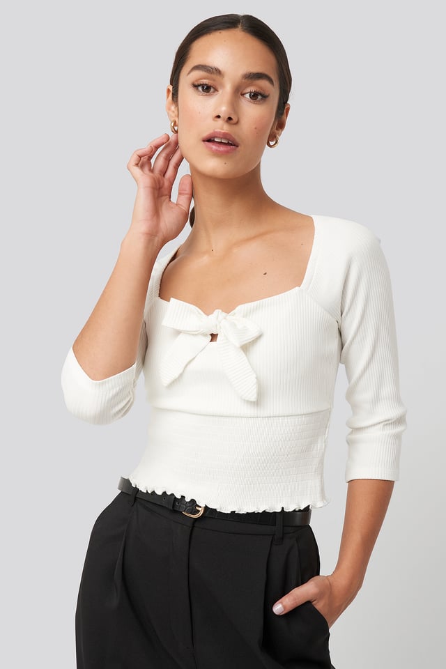 Knot Detail Smocked Top White