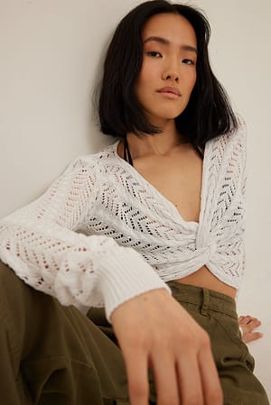 White Lace Knitted Wrap Detail Sweater