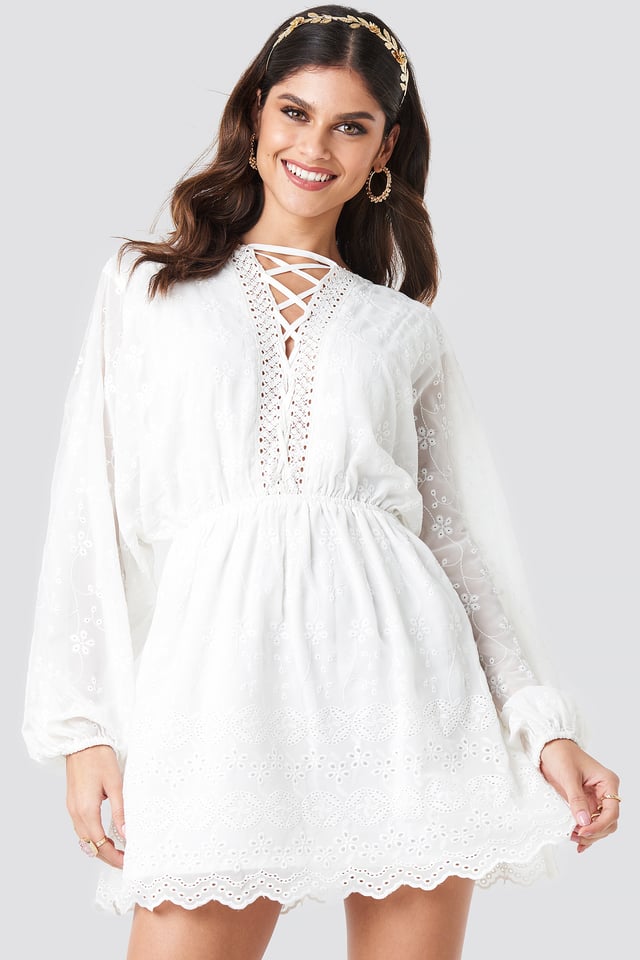Lace Up Lace Dress White
