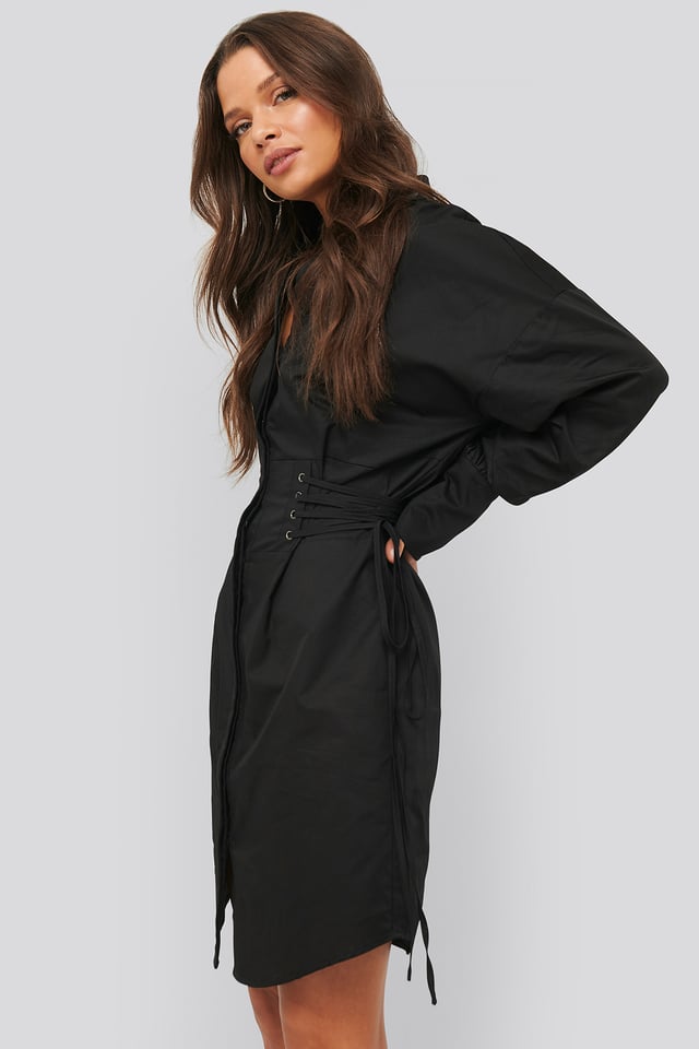 Lace Up Shirt Dress Black