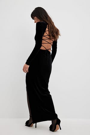 Black Fluwelen jurk met vetersluiting op de rug
