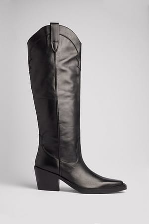 Black Leather Knee High Western Boots