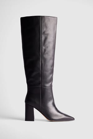 Black Leather Pointy Block Heel Boots