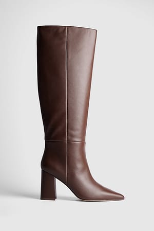 Chocolate Brown Leather Pointy Block Heel Boots
