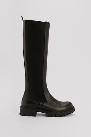 Black Leather Profile Shaft Boots