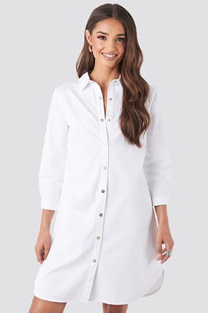 White 3/4 Length Sleeve Denim Shirt Dress