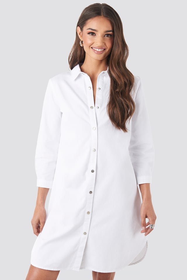 3/4 Length Sleeve Denim Shirt Dress White