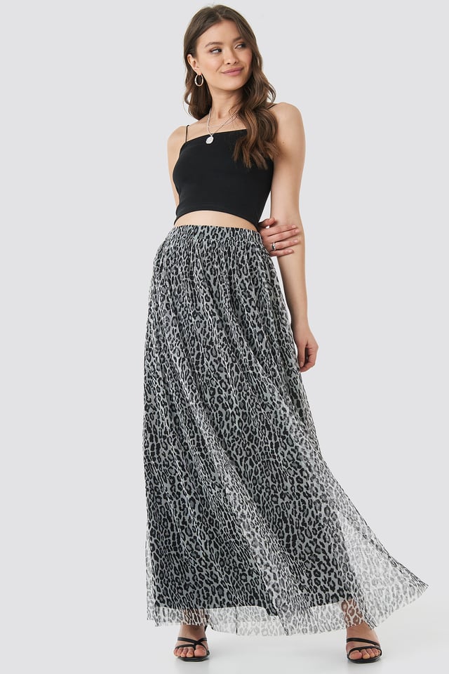 Leopard Print Mesh Maxi Skirt BLACK  WHITE LEO