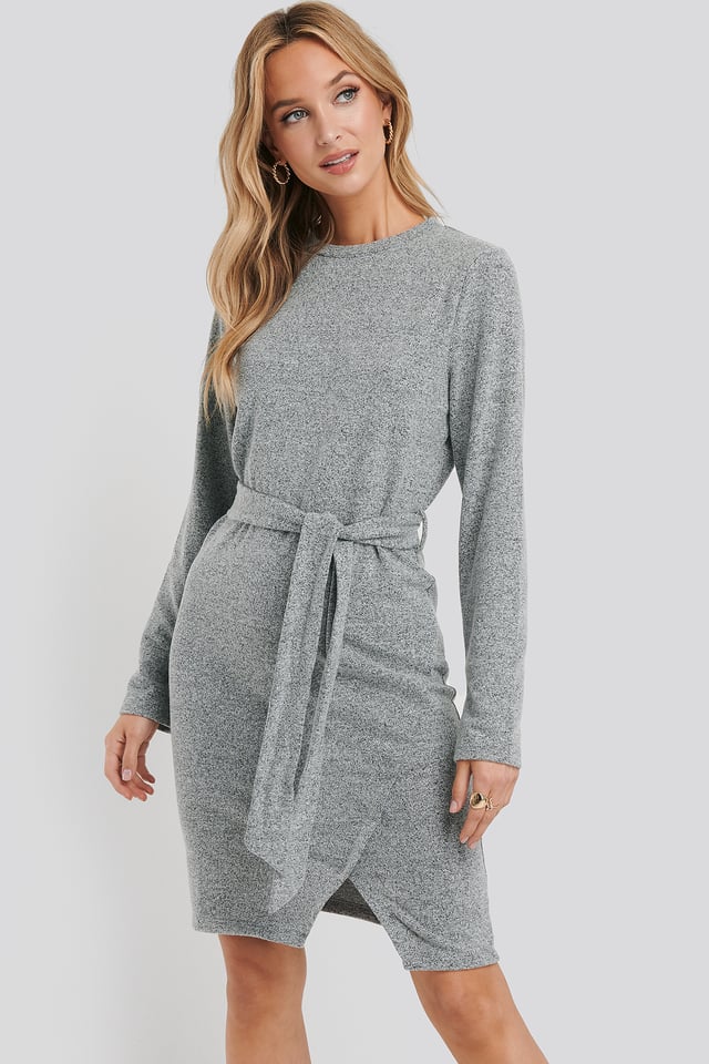 Light Knitted Belted Dress Grey Melange