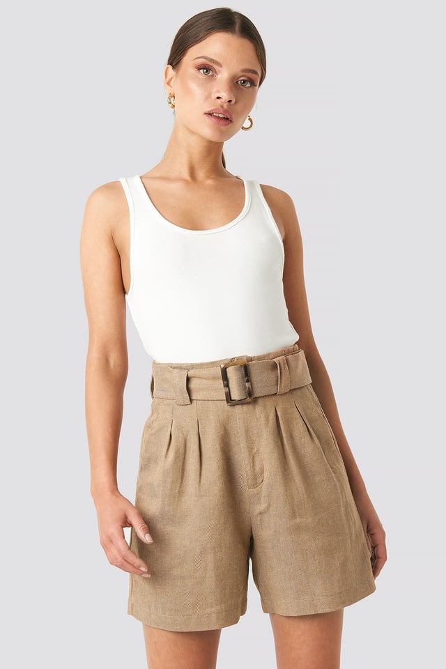 Linen Blend Belted Shorts Dark Beige