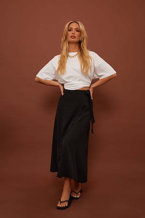 Black Linen Blend Midi Wrap Skirt
