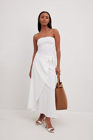 White Linen Blend Midi Wrap Skirt