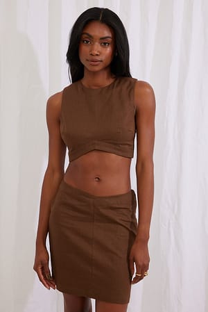 Brown Linen Blend Mini Skirt